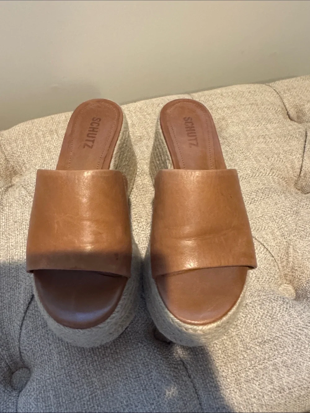 SCHUTZ Marih Weekend Cognac Leather Platform Slide Sandals